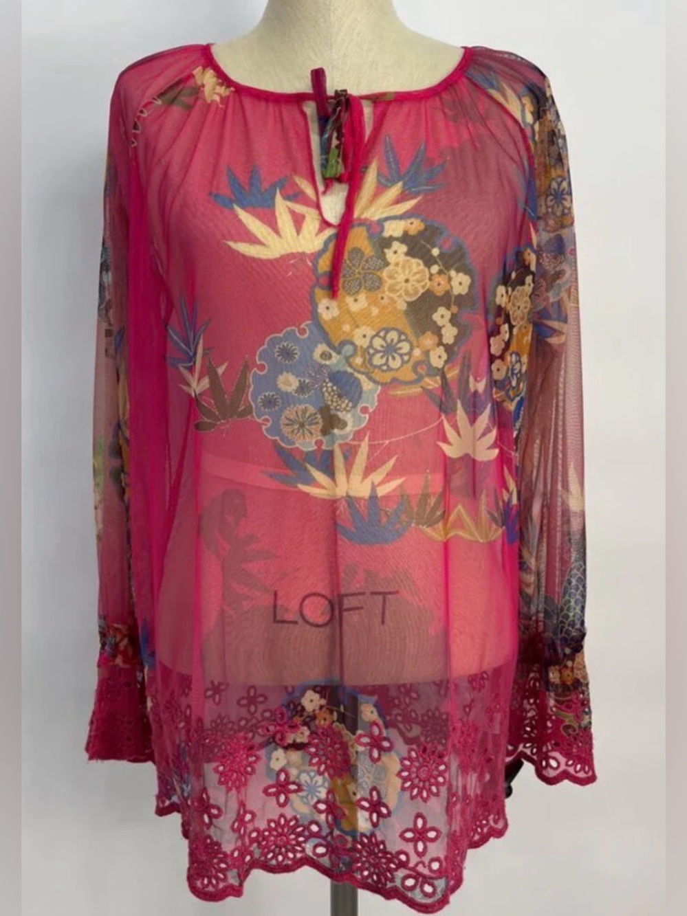 NWT Johnny Was Mazzy Peasant Tie Neck Emboidered Floral Top Sz XS